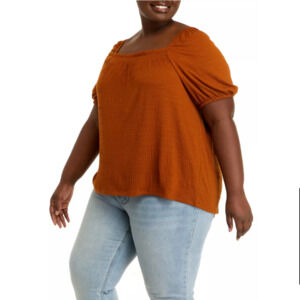 Wonderly Plus Size Short Sleeve Square Neck Top in Bronze BBY Size 1X